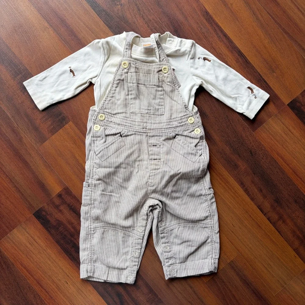 Gymboree Baby 6-12M Hickory Stripe Overalls Dachshund Shirt Set 2006 Vintage